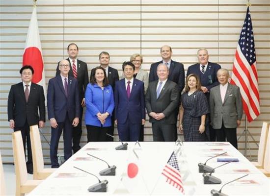 Photo with former Prime Minister Shinzo Abe, Congressional Study Group on Japan Co-chairs Representatives Bucshon and DeGette